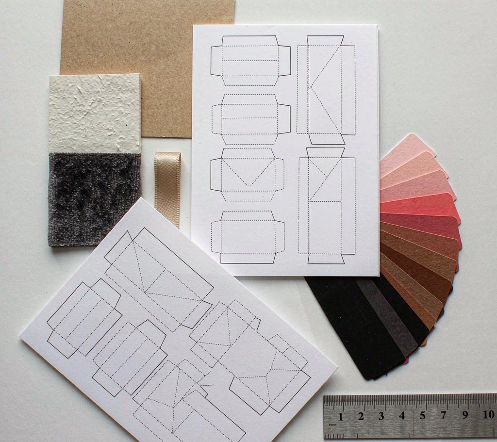 Packaging dielines, material swatches and color chips
